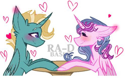 Size: 540x338 | Tagged: safe, artist:cocolove2176, imported from derpibooru, oc, oc only, alicorn, pony, alicorn oc, base used, blushing, chest fluff, ear fluff, eyes closed, heart, horn, oc x oc, shipping, simple background, smiling, white background, wings