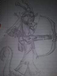 Size: 780x1040 | Tagged: safe, artist:cocolove2176, imported from derpibooru, discord, draconequus, arrow, bow (weapon), captain wuzz, grayscale, lineart, lined paper, male, monochrome, solo, traditional art