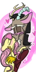 Size: 540x1080 | Tagged: safe, artist:cocolove2176, imported from derpibooru, discord, fluttershy, draconequus, pegasus, pony, abstract background, blushing, discoshy, facial hair, female, goatee, heart, hug, kissing, male, mare, shipping, straight