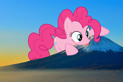 Size: 3000x2000 | Tagged: safe, artist:patec, artist:theotterpony, imported from derpibooru, pinkie pie, earth pony, pony, female, giant pony, irl, japan, macro, mare, mount fuji, mountain, photo, ponies in real life, solo, story included