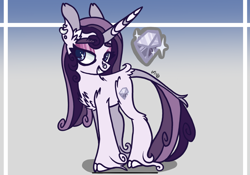 Size: 2388x1668 | Tagged: safe, artist:caramelbolt24, imported from derpibooru, oc, oc only, pony, unicorn, abstract background, ear fluff, female, grin, horn, magical lesbian spawn, mare, offspring, parent:pinkie pie, parent:rarity, parents:raripie, reference sheet, signature, smiling, solo, story included, unicorn oc