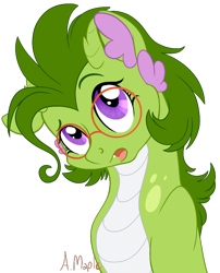 Size: 698x863 | Tagged: safe, artist:alicemaple, imported from derpibooru, oc, oc only, oc:peridot, dracony, dragon, hybrid, pony, bust, glasses, interspecies offspring, offspring, parent:rarity, parent:spike, parents:sparity, simple background, solo, transparent background