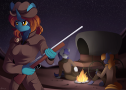 Size: 2000x1440 | Tagged: safe, artist:conrie, imported from derpibooru, oc, oc only, oc:dust runner, anthro, fallout equestria, campfire, clothes, crossover, fallout, gun, night, sand, wagon, wasteland, weapon