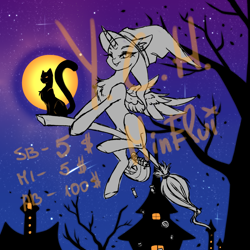 Size: 3000x3000 | Tagged: safe, artist:minelvi, imported from derpibooru, oc, oc only, alicorn, cat, pony, alicorn oc, broom, commission, flying, flying broomstick, full moon, hat, horn, moon, night, outdoors, pumpkin bucket, solo, tree, wings, witch hat, your character here