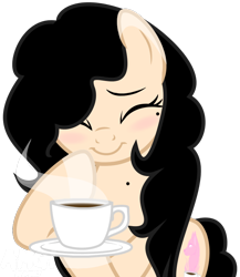 Size: 638x736 | Tagged: safe, artist:amgiwolf, imported from derpibooru, oc, oc only, oc:amgi, earth pony, pony, base used, bust, coffee, colored hooves, cup, earth pony oc, eyelashes, eyes closed, female, mare, simple background, smiling, solo, transparent background