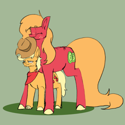 Size: 1280x1280 | Tagged: safe, artist:greyscaleart, color edit, edit, imported from derpibooru, applejack, big macintosh, earth pony, pony, applejack (male), applejack is not amused, brother and sister, colored, cowboy hat, cute, duo, eyes closed, female, green background, hat, macabetes, macareina, male, mare, mouth hold, neckerchief, rule 63, siblings, simple background, size difference, stallion, unamused