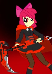 Size: 670x953 | Tagged: safe, artist:mythril azure, imported from derpibooru, apple bloom, equestria girls, bloom rose, bow, cape, clothes, crescent rose, crossover, dress, female, pantyhose, ruby rose, rwby, scythe, smiling, solo