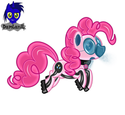 Size: 4154x3840 | Tagged: safe, artist:damlanil, imported from derpibooru, pinkie pie, earth pony, pony, boots, clothes, collar, cutie mark accessory, cutie mark collar, female, gas mask, hazmat pony drone, heart, heart eyes, latex, looking at you, mare, mask, raised hoof, rubber, rubber drone, shiny, shiny mane, shoes, show accurate, simple background, solo, transformation, transparent background, vector, wingding eyes