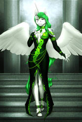 Size: 1280x1920 | Tagged: safe, artist:mykegreywolf, imported from derpibooru, oc, oc only, oc:eos, alicorn, anthro, unguligrade anthro, absolute cleavage, alicorn oc, breasts, cleavage, clothes, commission, detailed background, dress, female, green eyes, green hair, horn, smiling, solo, wings