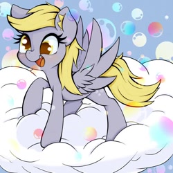 Size: 600x600 | Tagged: safe, derpy hooves, pegasus, pony, bubble, cloud, open mouth, smiling