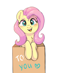 Size: 2856x3508 | Tagged: safe, artist:pucksterv, fluttershy, pegasus, pony, blushing, box, heart, hearts in eyes, looking at you, open mouth, simple background, smiling