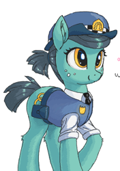 Size: 272x387 | Tagged: safe, earth pony, pony, badge, clothes, hat, police officer, simple background, smiling, uniform, white background