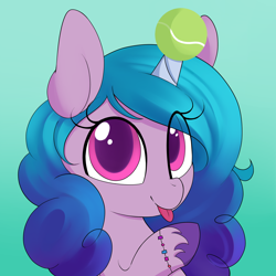 Size: 2000x2000 | Tagged: safe, artist:illusion, imported from derpibooru, izzy moonbow, pony, unicorn, anti-pointiness safety device, ball, bracelet, cute, female, g5, g5 movie, gradient background, high res, horn, horn guard, horn impalement, hornball, izzy's tennis ball, izzybetes, jewelry, looking at you, mare, solo, tennis ball, tongue out, unshorn fetlocks
