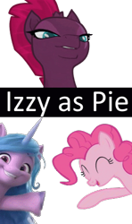 Size: 287x486 | Tagged: safe, edit, edited screencap, imported from derpibooru, screencap, izzy moonbow, pinkie pie, tempest shadow, earth pony, pony, unicorn, g5, hilarious in hindsight, izzy being pinkie, pun, simple background, the new pinkie pie, transparent background