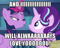 Size: 600x476 | Tagged: safe, edit, edited screencap, imported from derpibooru, screencap, starlight glimmer, twilight sparkle, alicorn, pony, unicorn, the crystalling, caption, cropped, duo, female, glowing horn, horn, i will always love you, image macro, lesbian, mare, shipping, singing, song reference, text, twilight sparkle (alicorn), twistarlight, whitney houston