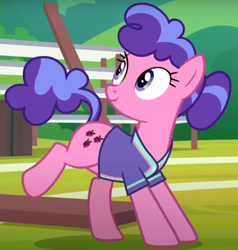Size: 3000x3151 | Tagged: safe, imported from derpibooru, screencap, berry blend, berry bliss, earth pony, pony, 2 4 6 greaaat, buckball, buckball uniform, closed mouth, cute, friendship student, poofy hair, raised leg