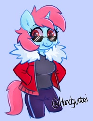 Size: 758x981 | Tagged: safe, artist:handgunboi, imported from derpibooru, oc, oc only, anthro, unicorn, clothes, female, glasses, jacket, pants, shirt, solo, sunglasses