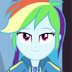 Size: 1080x1080 | Tagged: safe, imported from derpibooru, screencap, rainbow dash, equestria girls, equestria girls series, the finals countdown, cropped, female, geode of super speed, looking at you, magical geodes, smiling, solo