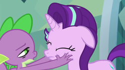 Size: 1920x1080 | Tagged: safe, imported from derpibooru, screencap, spike, starlight glimmer, dragon, pony, unicorn, the crystalling, duo, eyes closed, female, lidded eyes, male, mare, open mouth, out of context