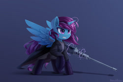Size: 1920x1280 | Tagged: safe, artist:emeraldgalaxy, imported from derpibooru, oc, oc only, oc:raven drake, alicorn, pony, alicorn oc, commission, gun, horn, solo, weapon, wings