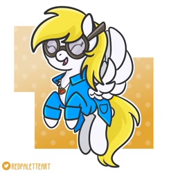 Size: 1200x1213 | Tagged: safe, artist:redpalette, imported from derpibooru, oc, pegasus, abstract background, clothes, cute, female, flying, goggles, jewelry, lab coat, mare, necklace, not derpy, pegasus oc, smiling, vector, wings