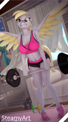 Size: 3160x5618 | Tagged: safe, artist:phenioxflame, artist:steamyart, imported from derpibooru, derpy hooves, anthro, pegasus, plantigrade anthro, 3d, clothes, female, glasses, lifting, shorts, solo, source filmmaker, sports bra, sports shorts, struggling, weight lifting, weights, workout, workout outfit