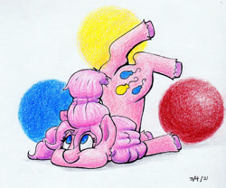 Size: 1280x1063 | Tagged: safe, artist:lost marbles, imported from derpibooru, pinkie pie, earth pony, pony, abstract background, colored pencil drawing, cute, dock, face down ass up, female, mare, silly, silly pony, smiling, solo, solo female, traditional art