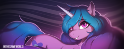 Size: 2500x1000 | Tagged: safe, artist:antiander, imported from derpibooru, izzy moonbow, pony, unicorn, ear fluff, eye clipping through hair, female, g5, g5 movie, grin, looking at you, mare, smiling, solo, teeth, text