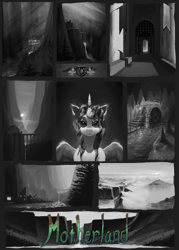 Size: 2000x2800 | Tagged: safe, artist:eqlipse, imported from derpibooru, alicorn, pony, black and white, collage, concept, grayscale, high res, monochrome, painterly, scenery, solo, story