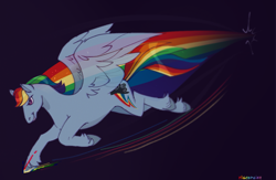 Size: 1239x808 | Tagged: safe, artist:pigeorgien, imported from derpibooru, rainbow dash, pegasus, pony, alternate cutie mark, alternate design, black background, determined, female, flying, hoof fluff, mare, rainbow trail, running, simple background, solo, sparkles, unshorn fetlocks