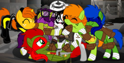 Size: 1280x652 | Tagged: safe, artist:lynnthenerdkitty, imported from derpibooru, earth pony, pegasus, pony, unicorn, april o'neil, casey jones, crossover, donatello, group hug, hug, leonardo, michelangelo, raphael