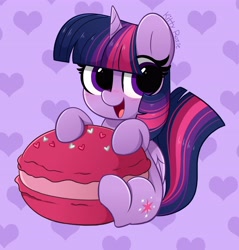 Size: 3920x4096 | Tagged: safe, artist:kittyrosie, imported from derpibooru, part of a set, twilight sparkle, alicorn, pony, blushing, cute, food, happy, heart, herbivore, looking at you, macaron, open mouth, part of a series, remake, smiling, solo, sweet dreams fuel, twiabetes, twilight sparkle (alicorn)