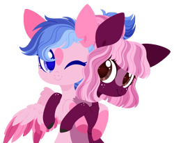 Size: 3000x2468 | Tagged: safe, artist:belka-sempai, imported from derpibooru, oc, oc only, earth pony, pegasus, pony, blaze (coat marking), chest fluff, coat markings, commission, earth pony oc, facial markings, freckles, hug, looking at each other, one eye closed, pale belly, pegasus oc, simple background, smiling, transparent background, two toned wings, wings