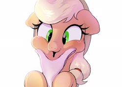 Size: 2048x1446 | Tagged: safe, artist:mochi_nation, imported from derpibooru, applejack, earth pony, pony, applejack's hat, cheek squish, cowboy hat, cute, faic, female, floppy ears, freckles, hand, hat, jackabetes, mare, silly, silly pony, simple background, smiling, solo focus, squishy cheeks, white background, who's a silly pony