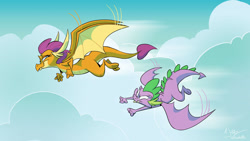 Size: 1024x576 | Tagged: safe, artist:dodgyrom, artist:dodgyrommer, imported from derpibooru, smolder, spike, dragon, cloud, dragoness, duo, female, flying, male, smiling, winged spike, wings
