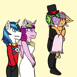 Size: 800x800 | Tagged: safe, artist:mintymelody, imported from derpibooru, princess cadance, scootaloo, shining armor, spike, anthro, a canterlot wedding, clothes, dress, female, flower filly, flower girl, flower girl dress, male, marriage, request, scootaspike, shiningcadance, shipping, straight, wedding, wedding dress