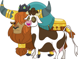 Size: 932x713 | Tagged: safe, artist:atmospark, artist:parclytaxel, edit, imported from derpibooru, vector edit, daisy jo, prince rutherford, cow, yak, party pooped, .svg available, cloven hooves, crack shipping, crown, ear piercing, earring, female, gold, horn, horn ring, jewelry, male, piercing, regalia, ring, rutherjo, shipping, simple background, straight, transparent background, udder, vector