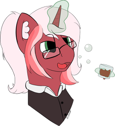 Size: 1831x2018 | Tagged: safe, artist:da random, derpibooru exclusive, imported from derpibooru, oc, oc only, oc:muddle mix, pony, unicorn, alcohol, bubble, bust, clothes, colored, commission, drunk, ear fluff, glass, glasses, levitation, magic, multicolored hair, no shading, open mouth, signature, simple background, solo, telekinesis, transparent background