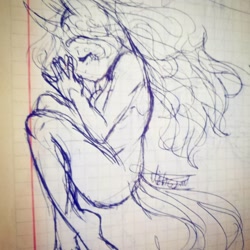 Size: 1080x1080 | Tagged: safe, artist:beyond_inside, imported from derpibooru, oc, oc only, oc:snow t. chaos, anthro, unicorn, eyes closed, horn, lineart, nudity, signature, sleeping, solo, traditional art, unicorn oc