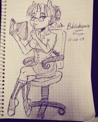 Size: 1080x1350 | Tagged: safe, artist:beyond_inside, imported from derpibooru, twilight sparkle, anthro, unguligrade anthro, unicorn, book, clothes, female, glasses, graph paper, inktober, inktober 2019, lineart, reading, shhh, sitting, solo, style emulation, traditional art, unicorn twilight