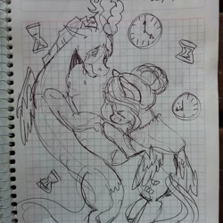 Size: 1080x1080 | Tagged: safe, artist:beyond_inside, imported from derpibooru, discord, fluttershy, draconequus, pegasus, pony, alternate hairstyle, clock, crying, female, graph paper, hair bun, hourglass, immortality blues, inktober, inktober 2019, lineart, male, older, older fluttershy, traditional art, wings