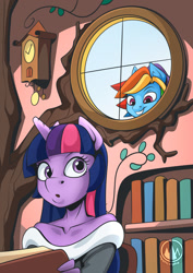 Size: 955x1351 | Tagged: safe, artist:mysticalpha, imported from derpibooru, rainbow dash, twilight sparkle, anthro, pegasus, unicorn, book, bookworm, looking back, looking in, window