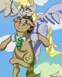 Size: 1080x1350 | Tagged: safe, artist:beyond_inside, imported from derpibooru, derpy hooves, doctor whooves, time turner, pegasus, pony, blushing, cloud, female, flying, holding a pony, male, mare, necktie, outdoors, signature, smiling, stallion, wings