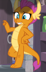 Size: 596x939 | Tagged: safe, imported from derpibooru, screencap, smolder, dragon, molt down, amused, claws, cropped, cute, fangs, folded wings, grin, horns, leaning, smiling, smirk, smoke, smolderbetes, smugder, solo, teenaged dragon, teenager, toes