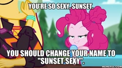 Size: 600x337 | Tagged: safe, edit, edited screencap, imported from derpibooru, screencap, pinkie pie, sunset shimmer, equestria girls, equestria girls series, wake up!, spoiler:eqg series (season 2), caption, image macro, subtle as a train wreck, text