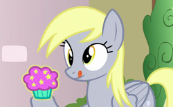 Size: 1080x671 | Tagged: safe, edit, edited screencap, imported from derpibooru, screencap, derpy hooves, pegasus, pony, triple threat, crossover, fairyversary muffin, food, magic muffin, muffin, solo, the fairly oddparents, this will not end well, tongue out