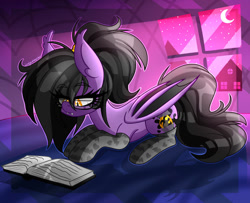 Size: 1280x1037 | Tagged: safe, artist:ladylullabystar, imported from derpibooru, oc, bat pony, pony, book, clothes, female, glasses, lying down, mare, prone, socks, solo