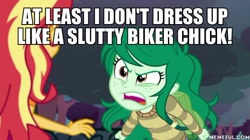 Size: 600x337 | Tagged: safe, edit, edited screencap, imported from derpibooru, screencap, sunset shimmer, wallflower blush, equestria girls, equestria girls series, forgotten friendship, angry, caption, image macro, memeful.com, swearing, text, vulgar