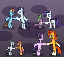 Size: 1600x1412 | Tagged: safe, artist:platinumdrop, imported from derpibooru, rainbow dash, rarity, rumble, scootaloo, soarin', spike, starlight glimmer, sunburst, bipedal, dancing, female, male, request, rumbloo, shipping, soarindash, sparity, starburst, straight