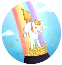 Size: 1024x1077 | Tagged: safe, artist:foxhatart, imported from derpibooru, oc, oc only, oc:honey, pony, unicorn, coin, cute, female, mare, ocbetes, pot of gold, solo